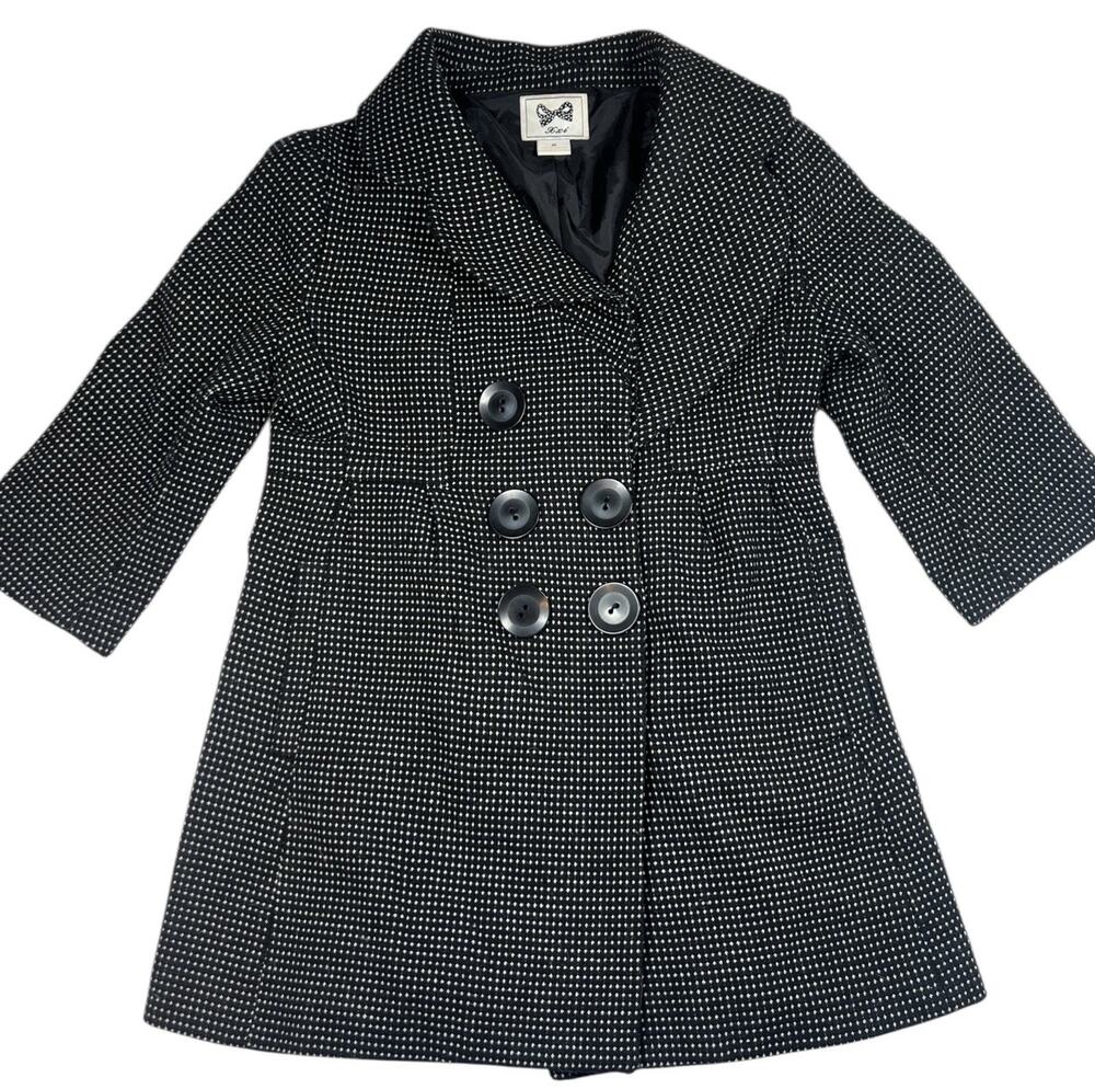 Roxi Women’s Black White Polka Dot Peacoat Mid Length Double Breasted Size M